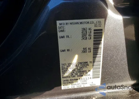 2022 Nissan Altima Sv z USA, uszkodzony, nr VIN 1N4BL4DV4NN341124